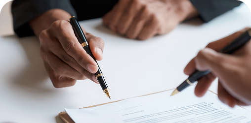Close up on hands holding pens, signing documents