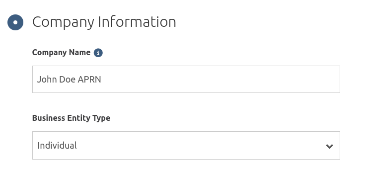 Registered Agent Sign up form company information portion with the company name section filled out as John Doe APRN and Business entity type set to individual