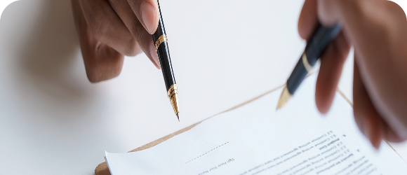 Close up on two hands holding pens, signing documents