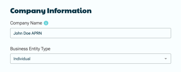 Registered agent for telehealth signup flow using the Individual entity type option